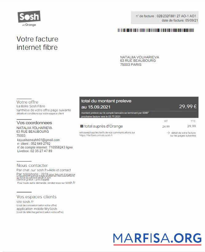 Printable France Sosh utility bill Word and PDF template